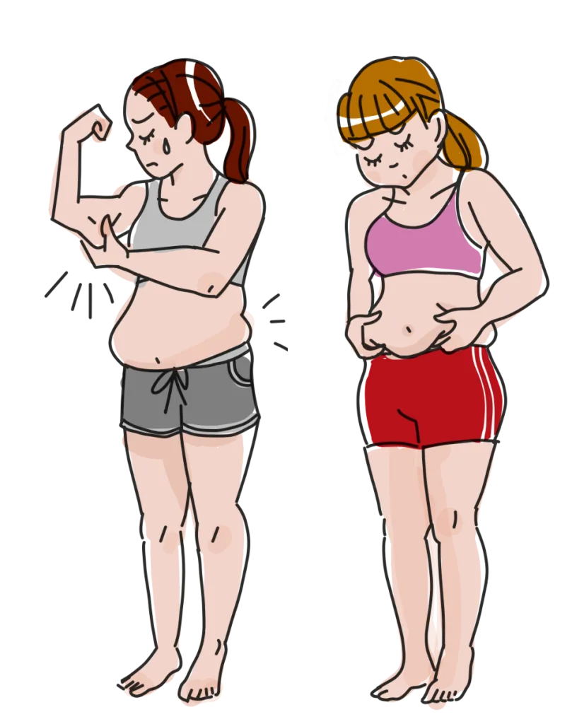 腕を触っている女性とお腹を触っている女性